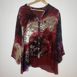 CITRON SANTA MONICA 1X Burnout Velvet Silk Button Down Top Abstract Artsy Boho
